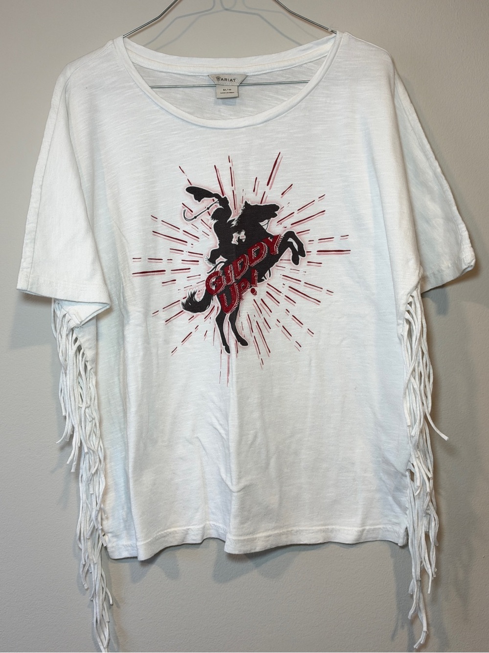 Ariat Giddy Up Fringe Graphic T-Shirt White Western Cowgirl Size M